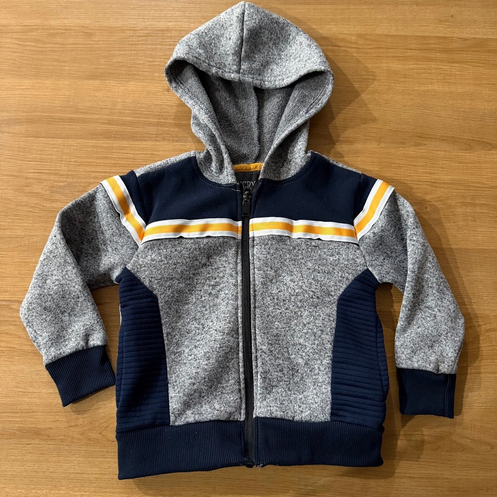 Encrypted Boys Gray Navy Blue Yellow Stripe Full Zip Fleece Hoodie Sweatshirt 2T